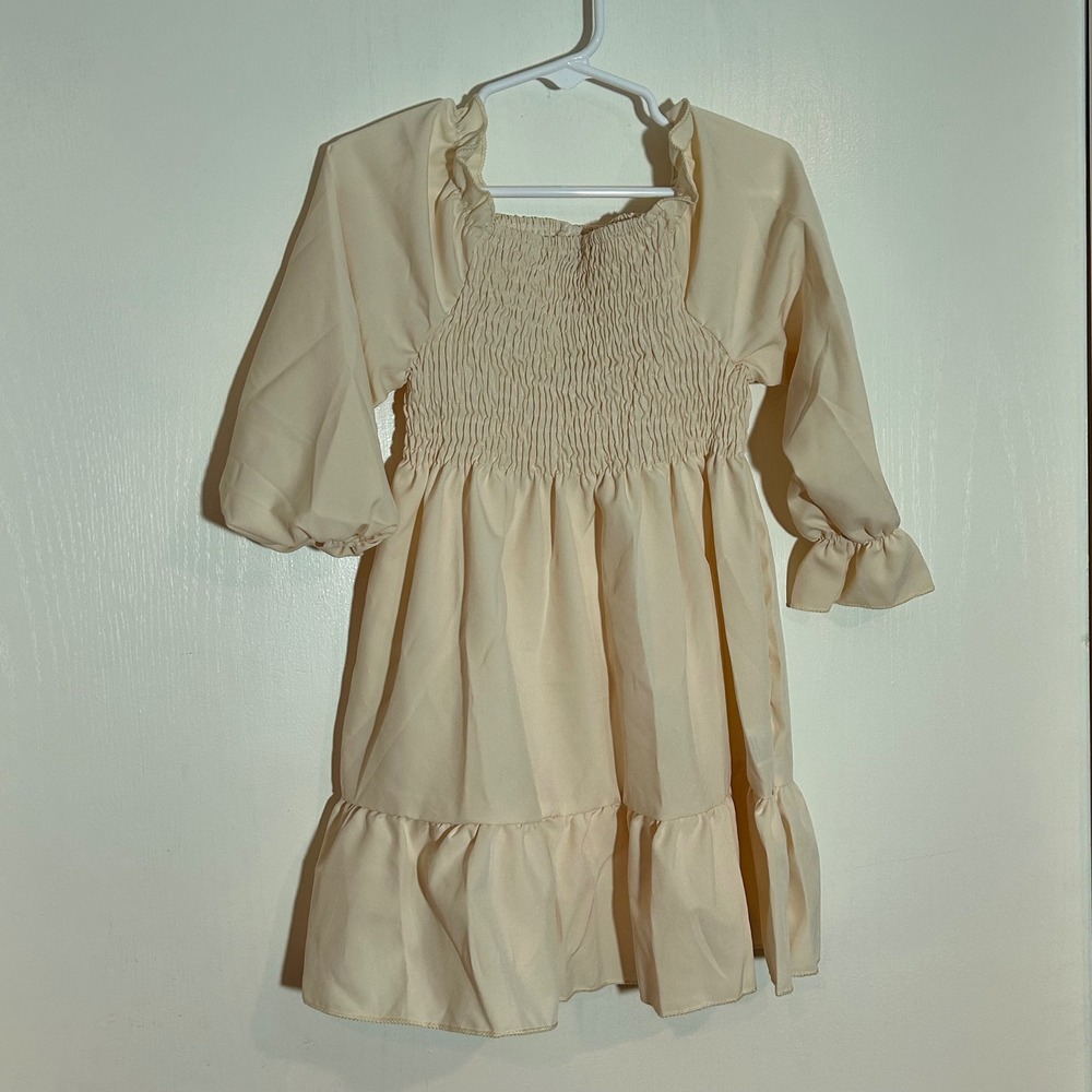 Girls Cream Smocked Puff Sleeve Ruffle Tiered Dress Size 100 Cream Beige‎ Boho